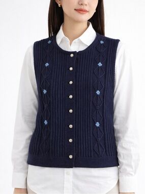 Vintage 1990's Austrian Pure Wool Navy Blue Button-Up Knit Sweater Vest